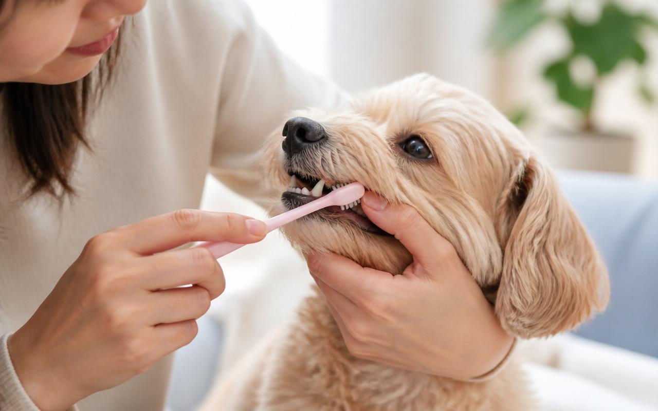 Small dog toothbrush and tube of poultry-flavored enzymatic dog toothpaste on a bathroom counter