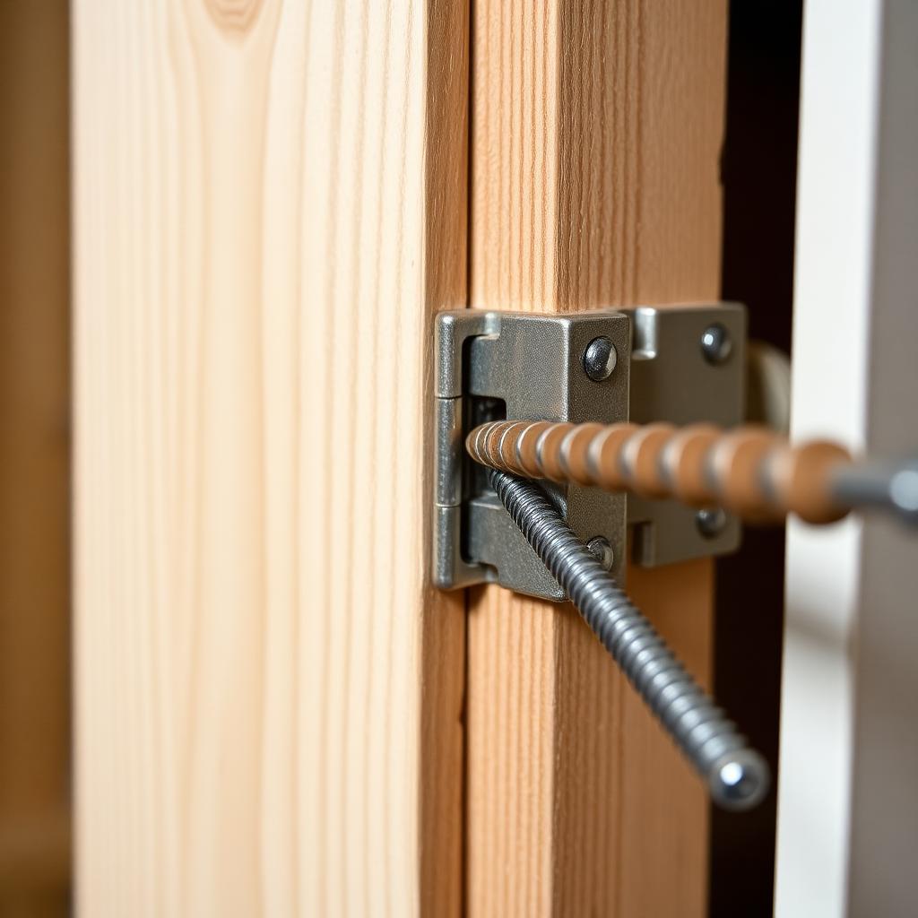 Close-up of a long wood construction screw being driven into a door hinge plate on a wooden jamb