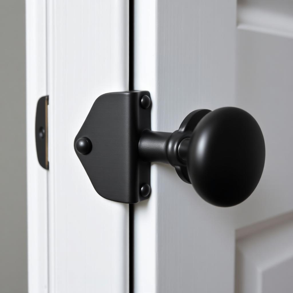 Close up of a matte black door hinge and matching matte black door knob on a white interior door