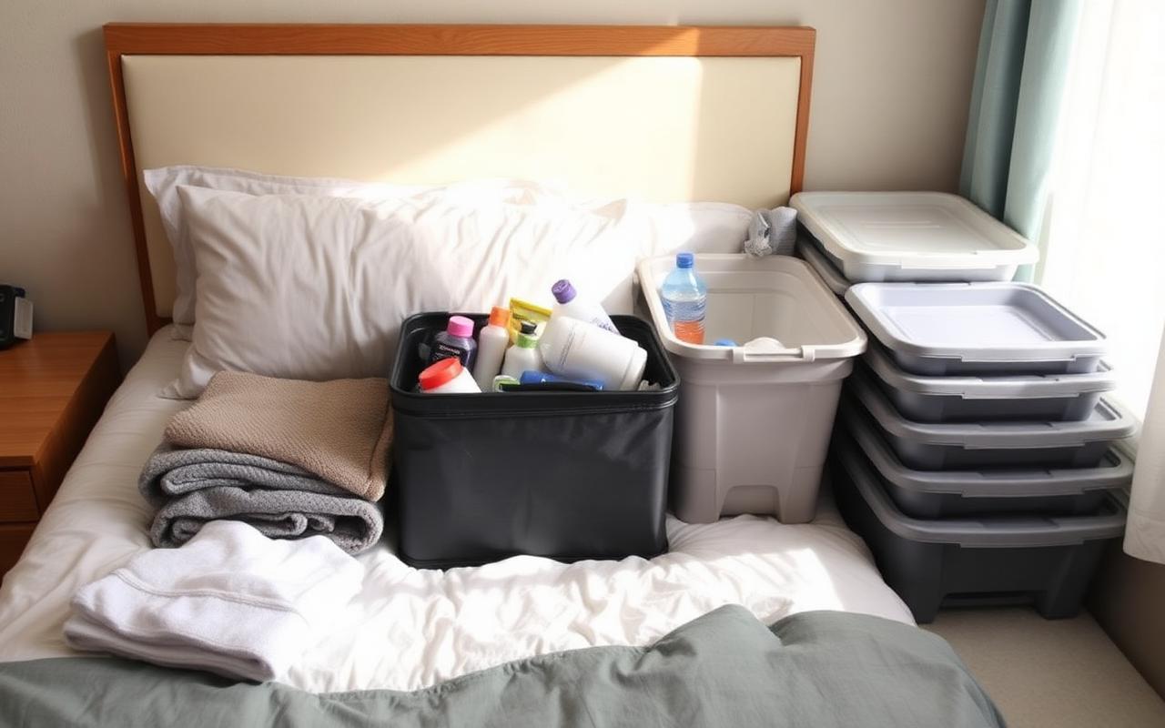 Dorm room essentials laid out on a bed including stackable storage bins, a shower caddy and folded towels
