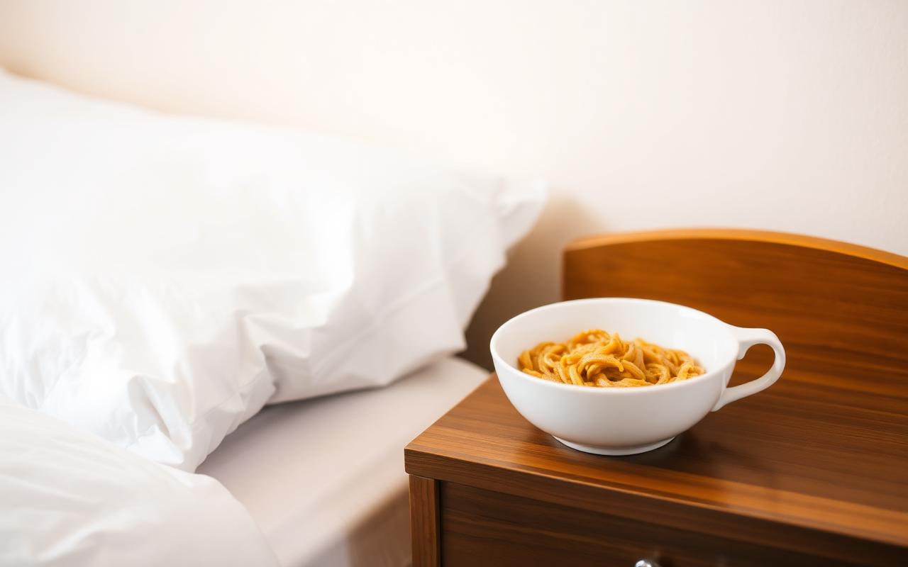 Easy dorm room meal of a noodle bowl in a plain bowl on a nightstand beside a mug