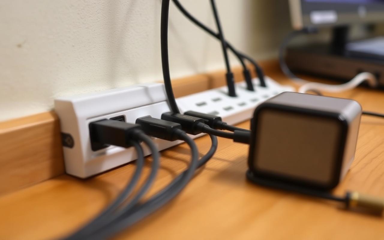 Dorm room tech power setup with a surge protected power strip and charging cables running along a desk