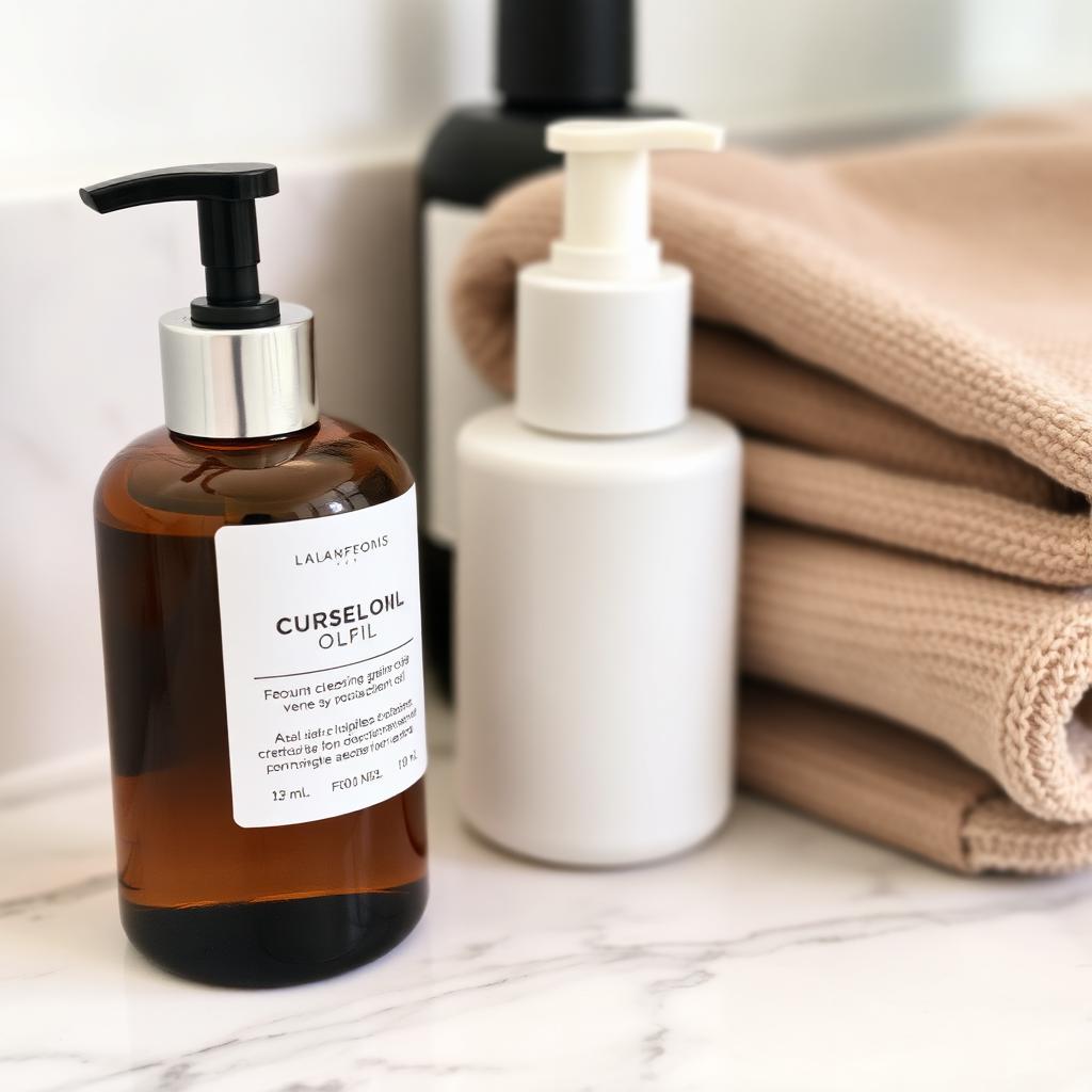 Skincare bottles and a folded towel on a marble counter