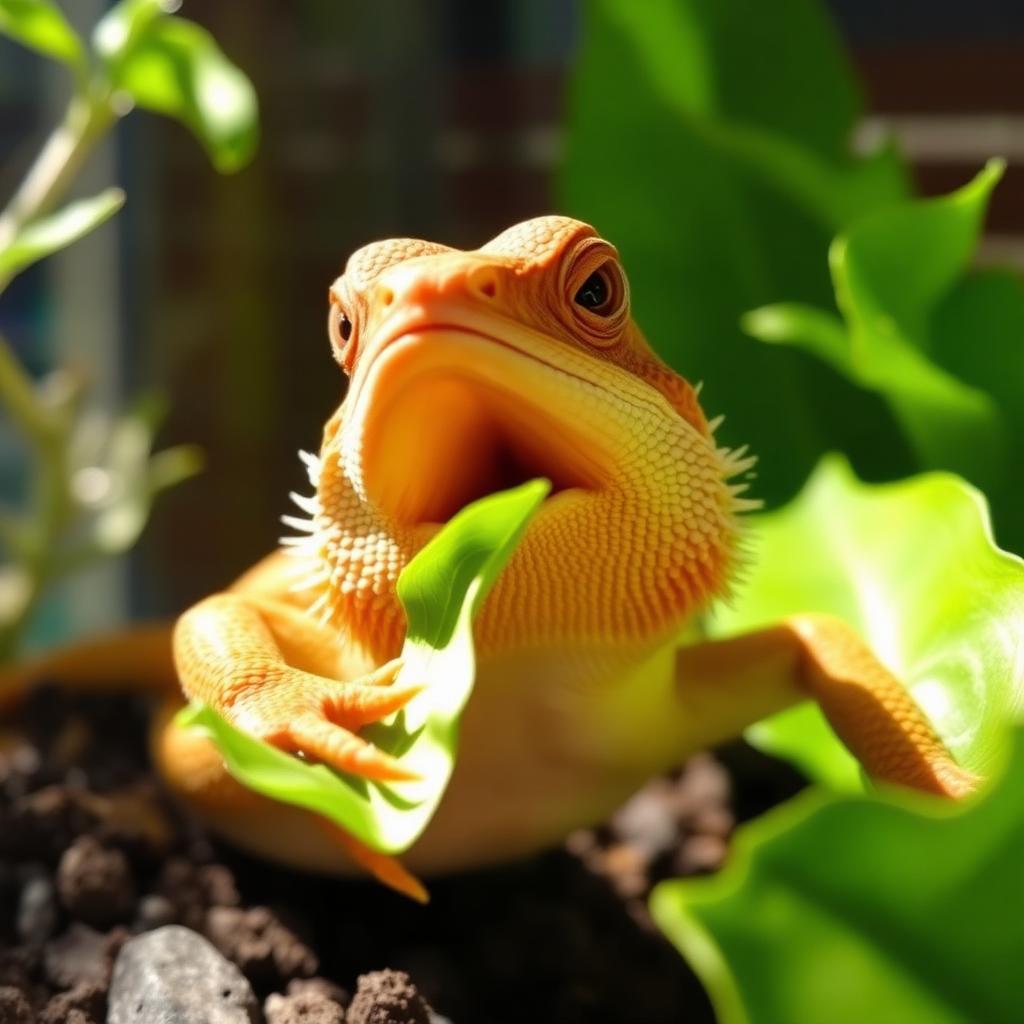 Close up of a bearded dragon eating a fresh green leaf in a sunlit terrarium setting
