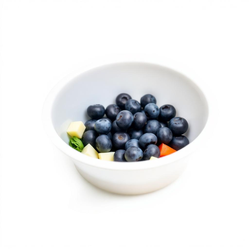 Plastic feeding bowl filled with collard greens, blueberries and chopped vegetables for a reptile on a white background