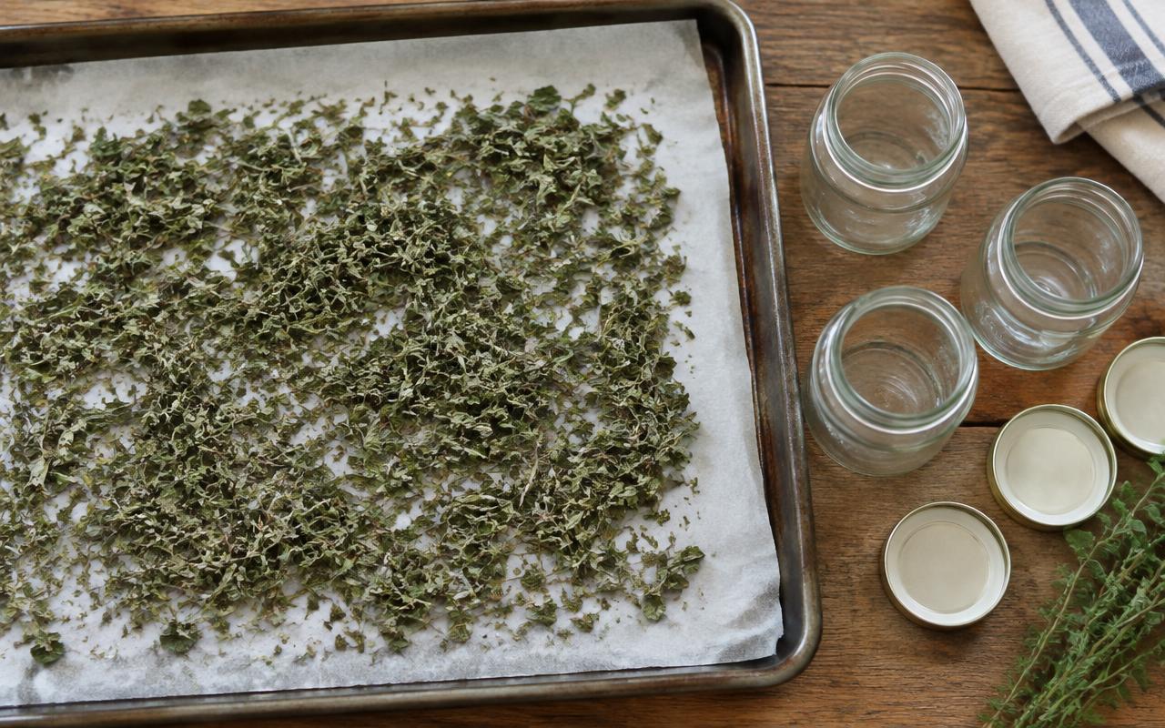 Dried herbs spread on a parchment lined baking sheet beside empty glass storage jars