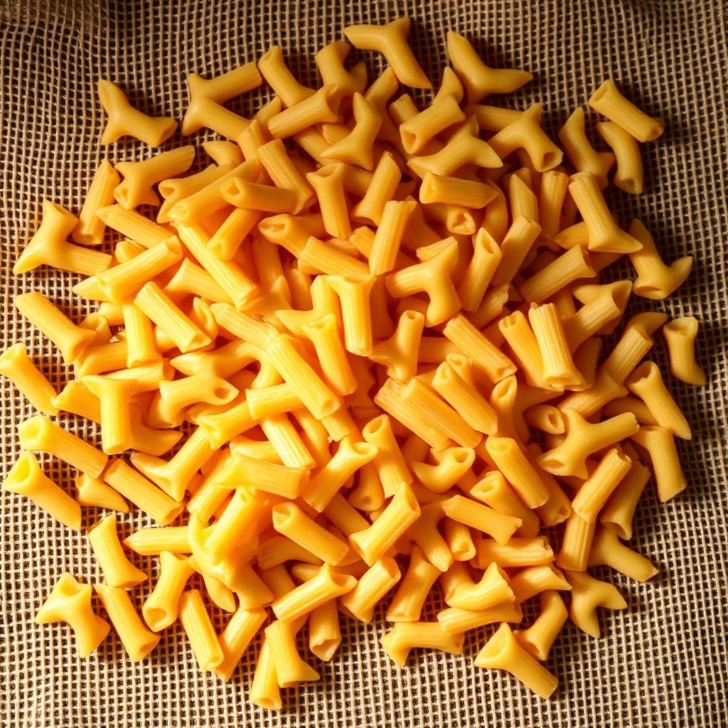 Pile of dried golden Italian durum wheat pasta shapes including penne, fusilli and rigatoni scattered on burlap fabric