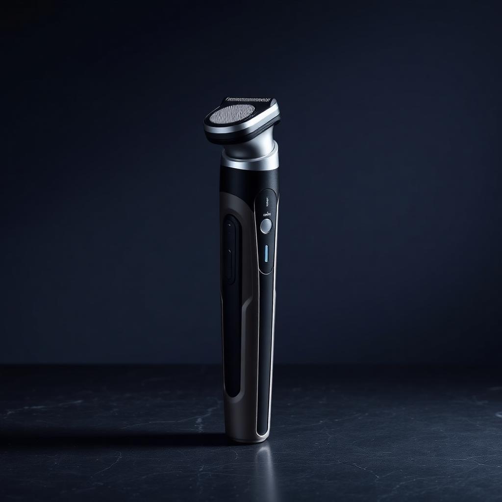 Dual-ended men's body groomer standing on a dark slate surface with foil shaver head visible