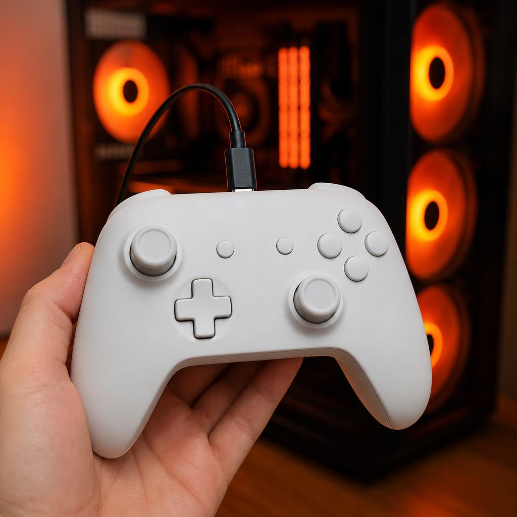 White PS5 DualSense controller plugged into a USB-C cable in front of a glowing gaming PC tower