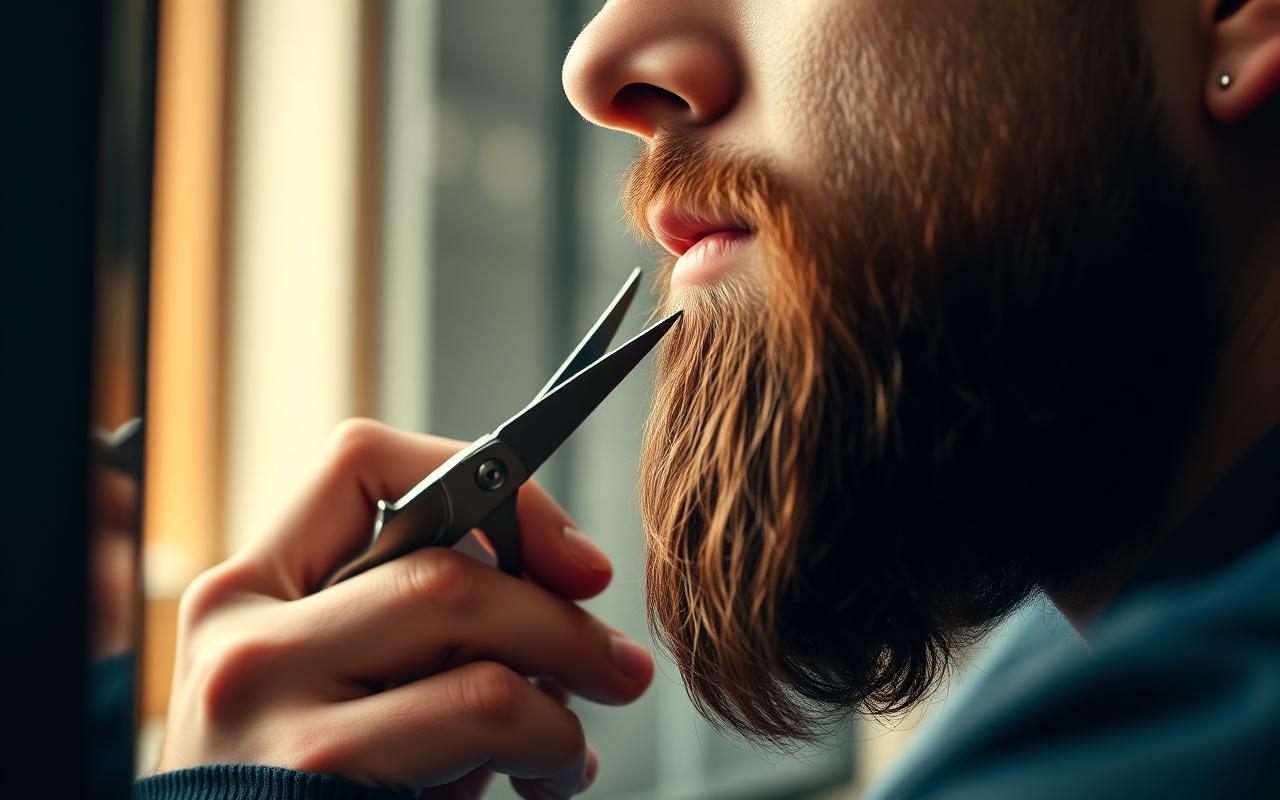 Man shaping the pointed chin of a ducktail beard with barber shears in front of a mirror in warm natural bathroom light