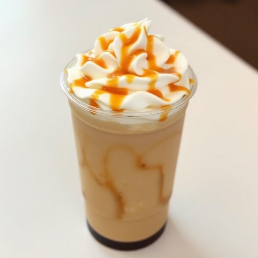 Blended iced coffee drink with whipped cream and caramel drizzle in a clear cup