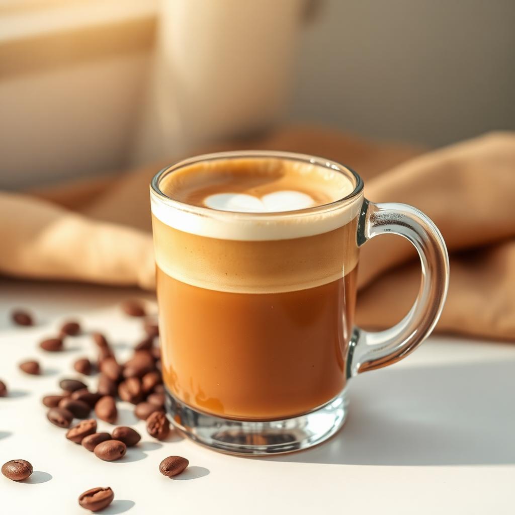 Hot latte in a glass mug with smooth foam art and coffee beans scattered nearby
