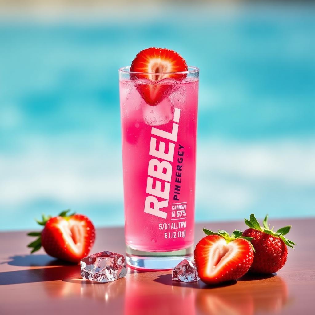 Bright pink strawberry energy drink with ice and a strawberry slice in a clear cup