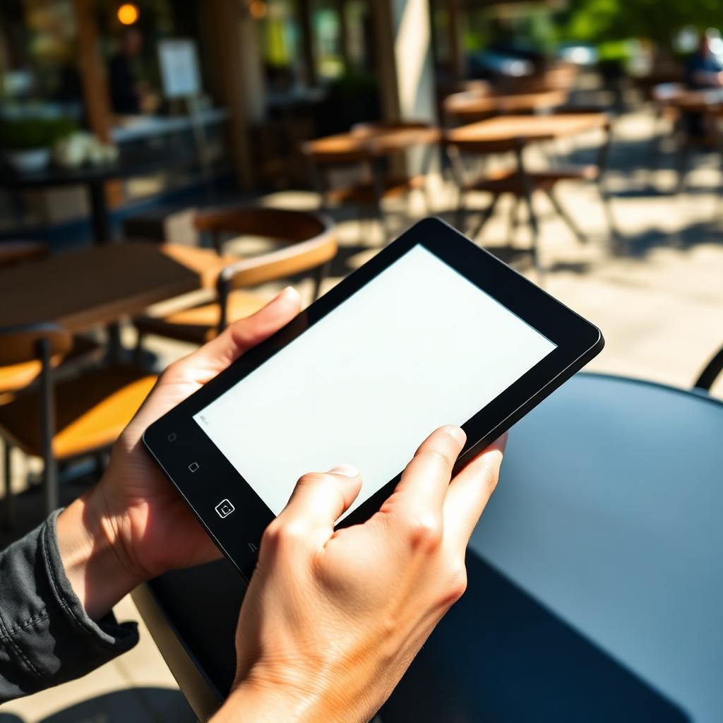 Hands holding a slim e-reader outdoors under direct sunlight showing paper-like glare-free screen