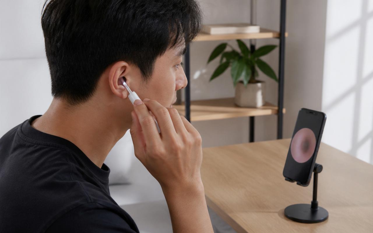 A man holding a slim white smart ear cleaning camera wand near his right ear while looking at a blurred smartphone screen