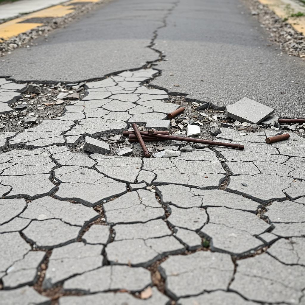 A cracked asphalt road with rebar and broken concrete debris after an earthquake