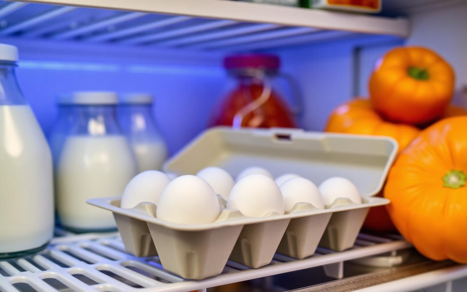 Plain egg carton on a refrigerator shelf next to milk and vegetables during a shell egg recall check