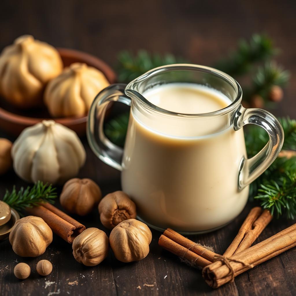 Glass pitcher of creamy eggnog on a dark wooden bar surrounded by whole nutmegs, cinnamon sticks, and evergreen sprigs, showing the ingredients of the original Starbucks holiday eggnog latte