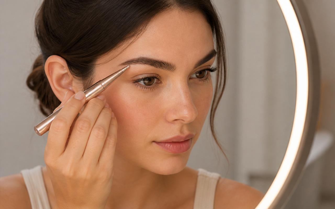 Close-up of a woman shaping her right eyebrow with a slim gold-tipped electric brow trimmer in front of a vanity mirror