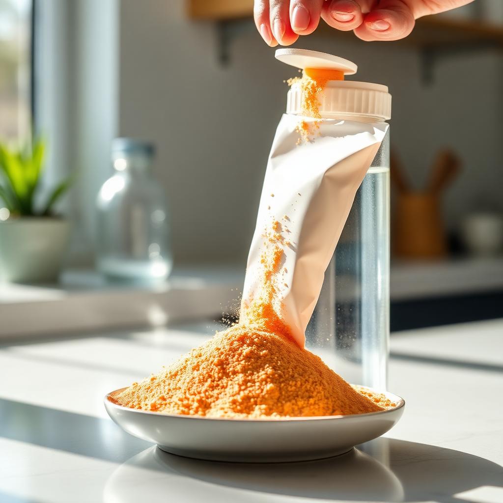 Hand pouring a plain single-serve electrolyte powder stick pack into a clear water bottle on a sunlit kitchen counter