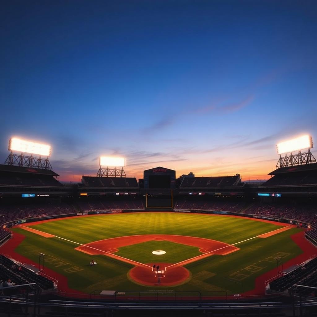 A wide empty baseball stadium at dusk with stadium lights warming up, view from behind home plate, no players or spectators visible.