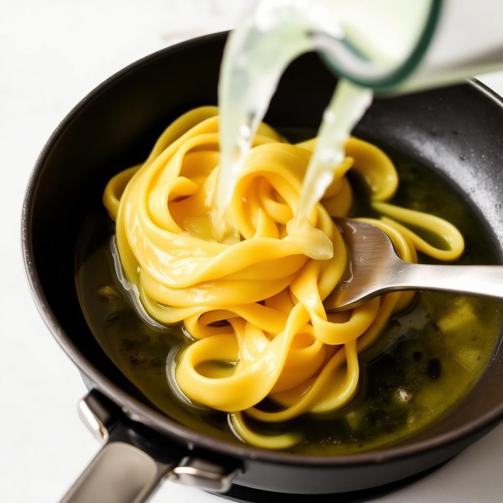 Skillet of glossy emulsified butter and olive oil sauce coating fettuccine with cloudy starchy water being added