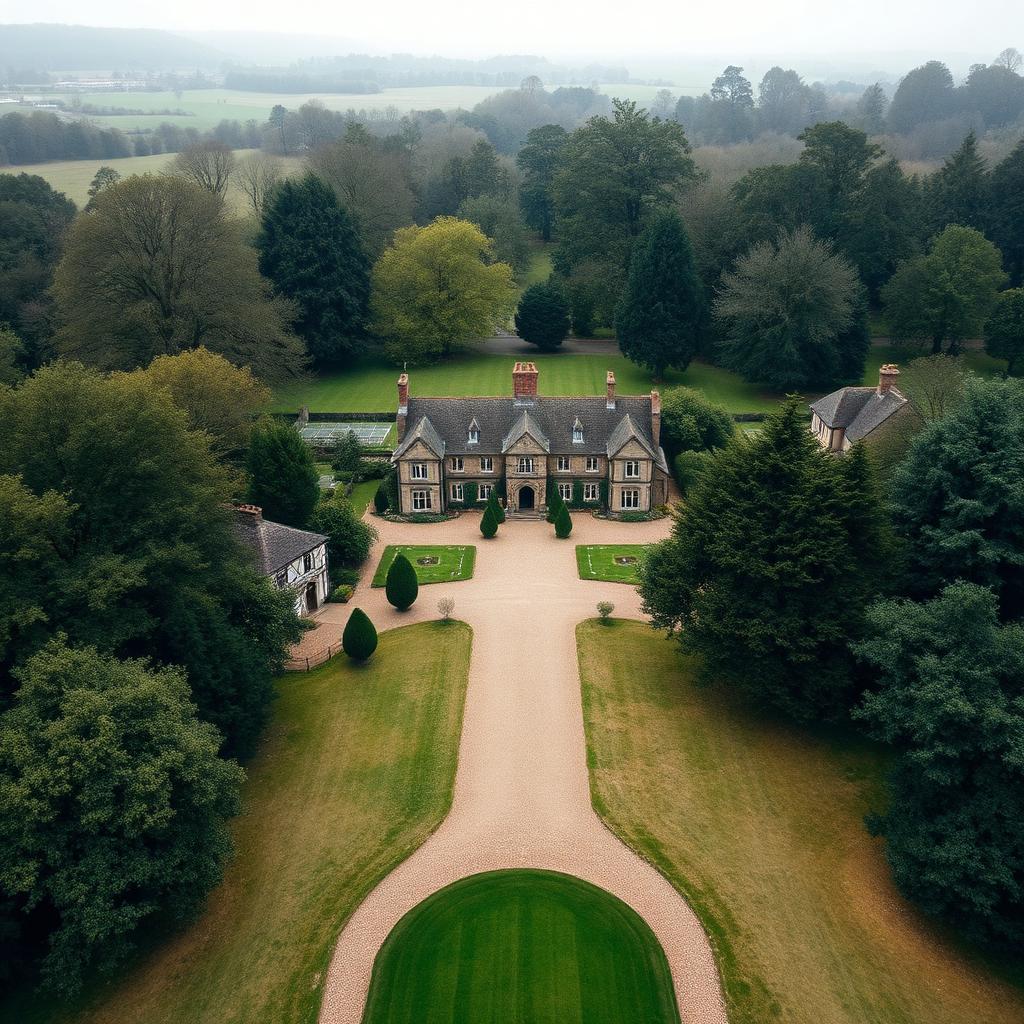 Prince William Cut Off Rent-Free Royals: Aerial view of a stately English country estate with multiple cottages and gardens