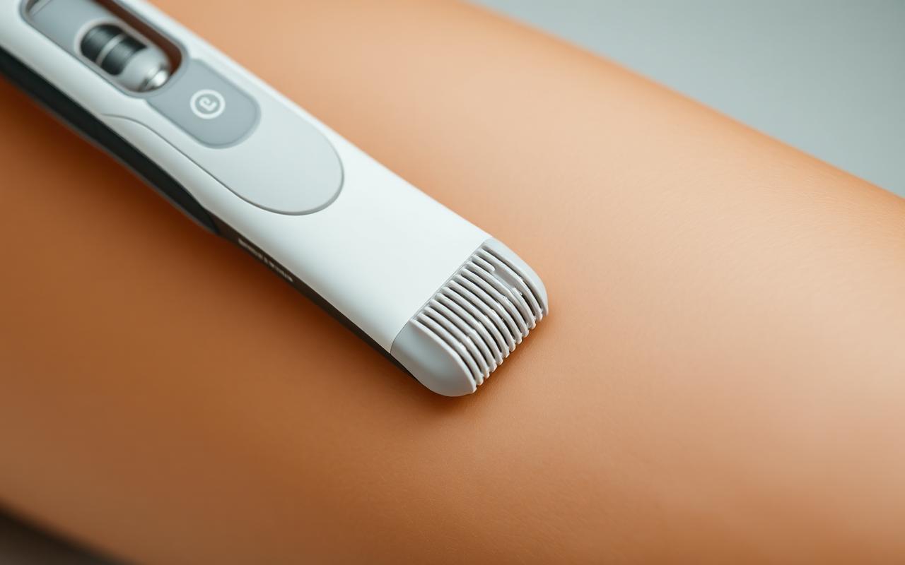 Cordless epilator head with visible tweezer rows resting against a smooth lower leg