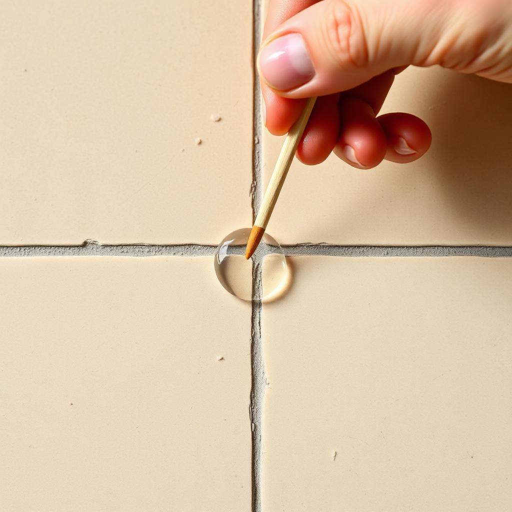 Hand using a wooden toothpick to apply a small drop of clear epoxy resin into a chipped beige tile