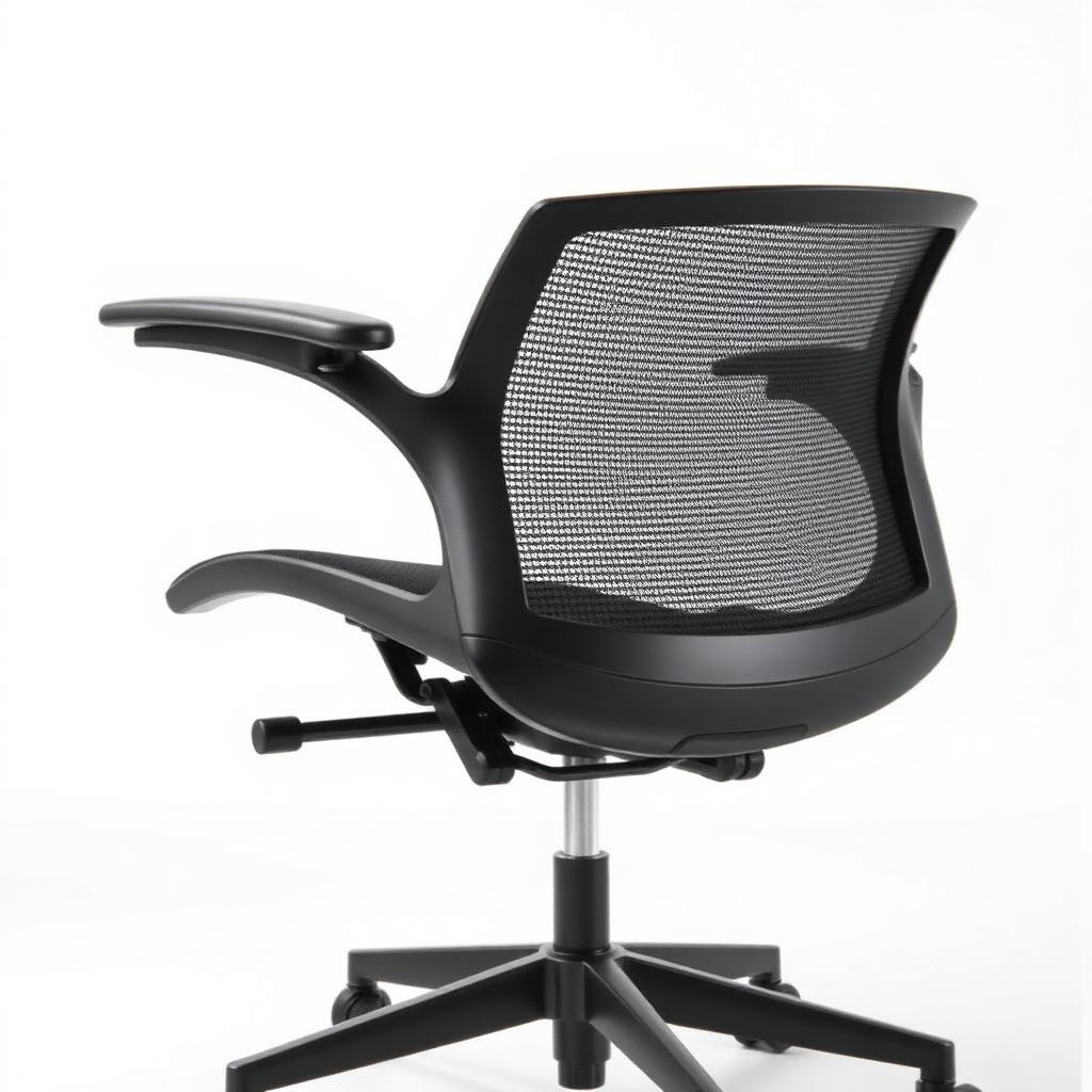 Side profile of an ergonomic mesh office chair showing lumbar curve and adjustable armrests