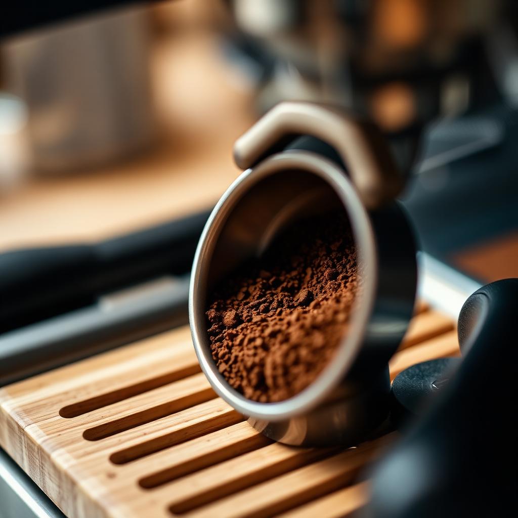 Close up of a portafilter with a freshly tamped puck of finely ground coffee resting on a wooden tamping mat