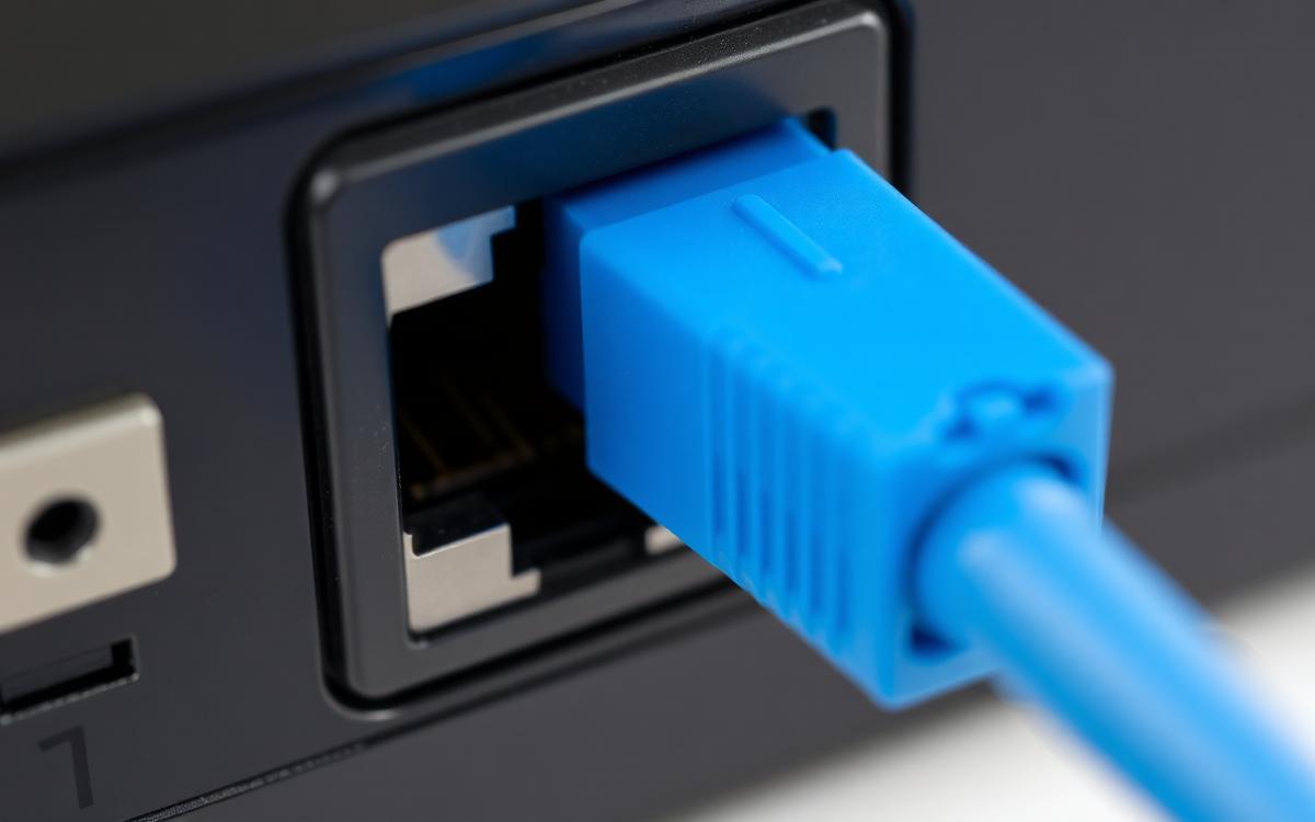 Blue ethernet cable being plugged into a home router port for a wired connection