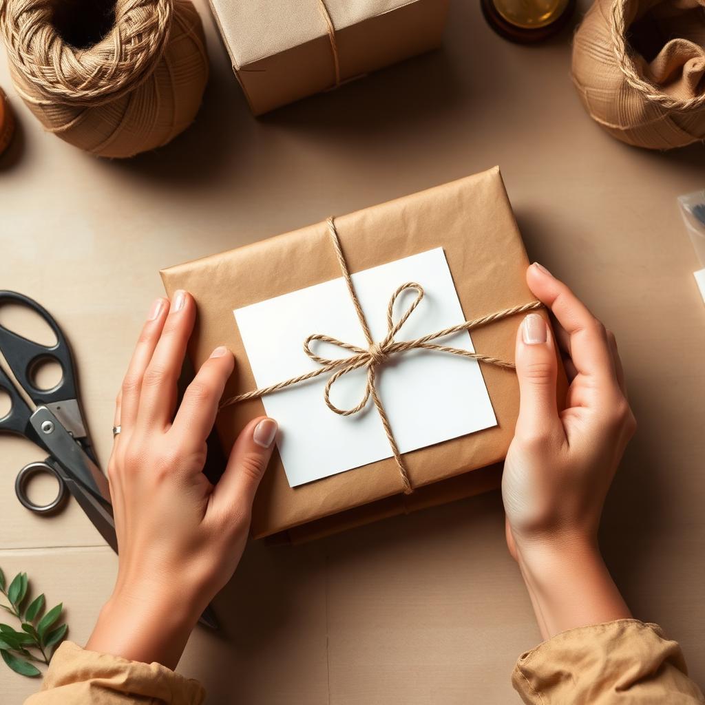 Hands wrapping a handmade journal in kraft paper with twine at a craft workspace