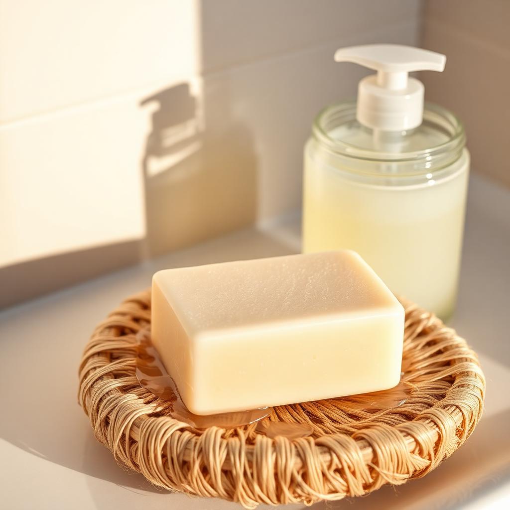 Bar of natural exfoliating soap resting on a wet loofah pad next to a jar of clear soothing gel