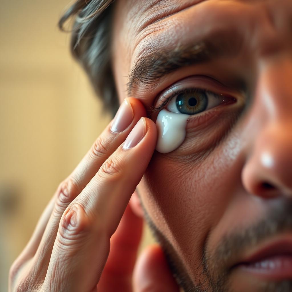 Ring finger patting a small amount of eye cream along the orbital bone under a man\u2019s eye