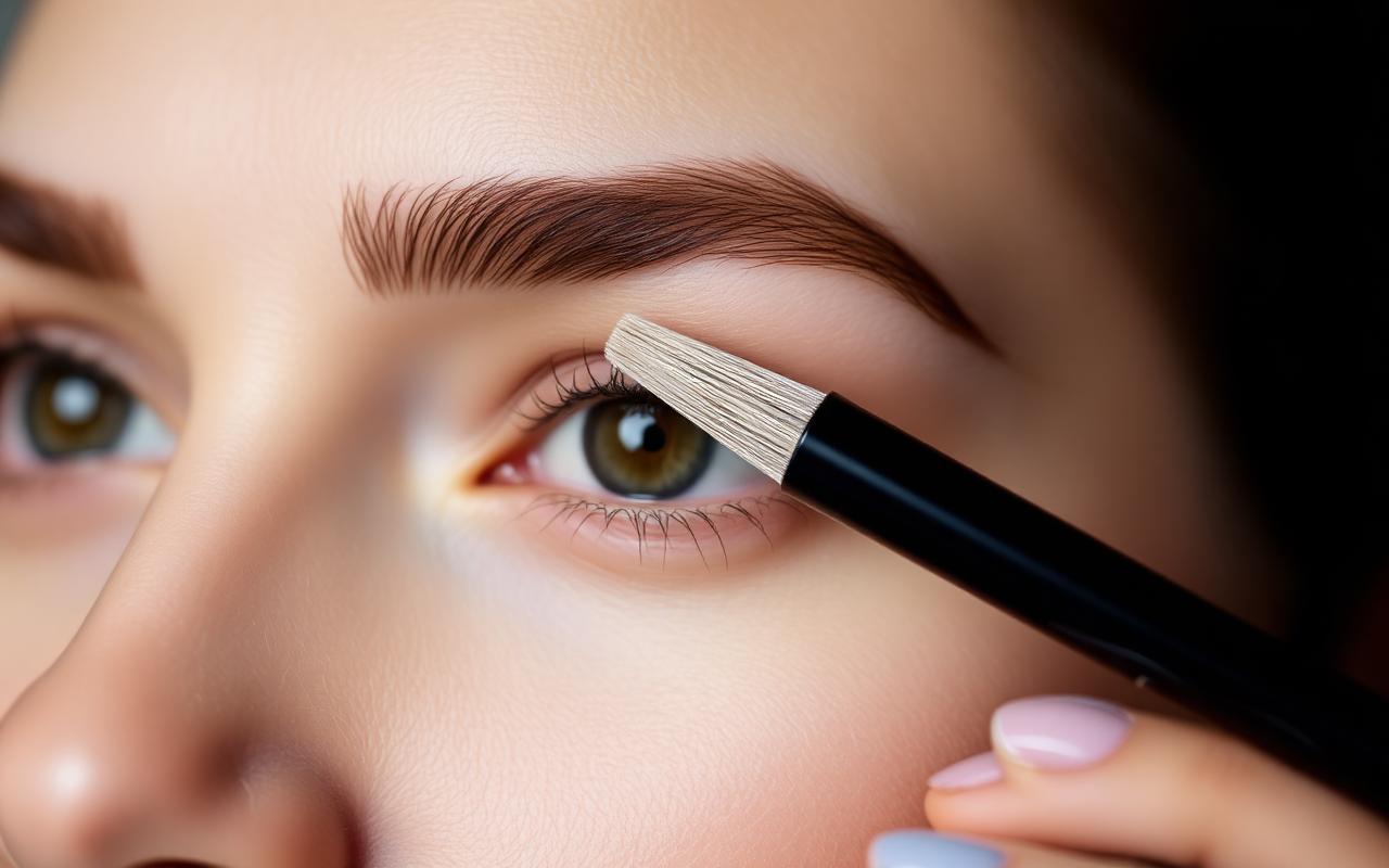Fine micro-brush applicator combing eyebrows upward on a woman\u2019s face during a lamination step