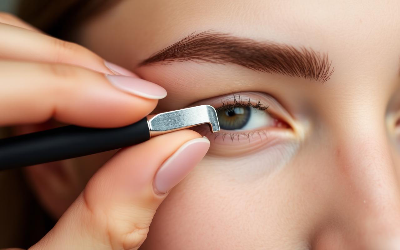 Precision eyebrow razor held at a shallow 45-degree angle against skin just below a woman\u2019s brow bone with the other hand pulling the skin taut