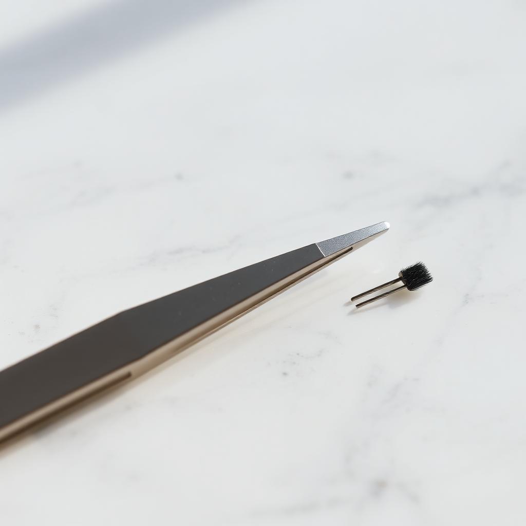 Stainless steel slant-tip eyebrow tweezers and a spoolie brush on a white marble bathroom counter