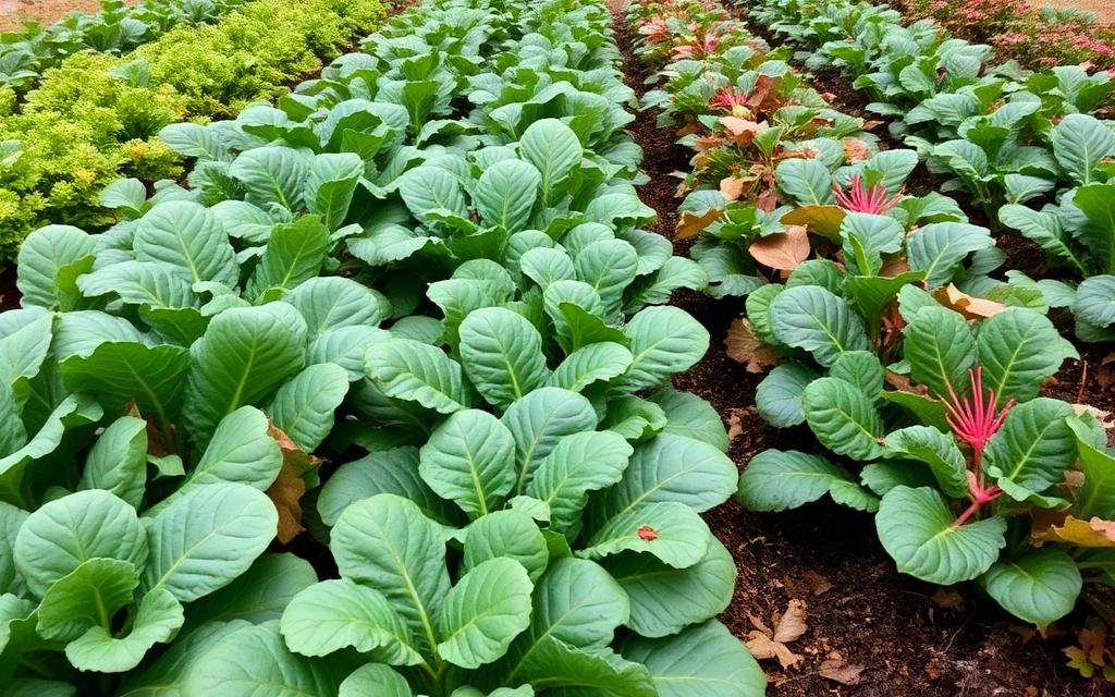 Rows of leafy fall vegetables including kale and spinach growing in a backyard raised bed