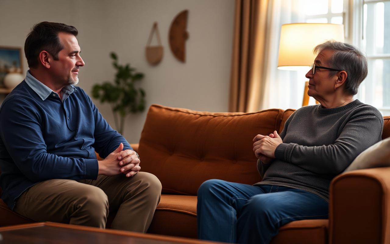 Two adults having a calm boundary conversation on a sofa in a living room