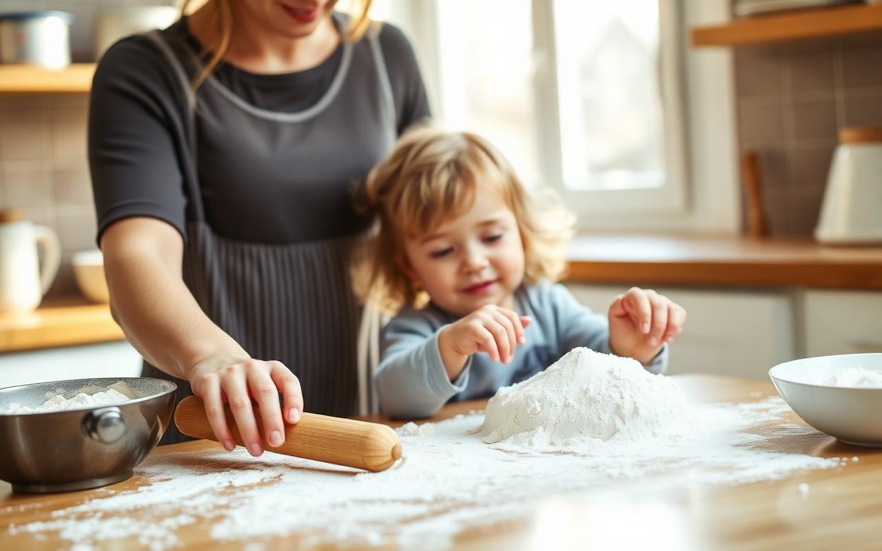 Parent and child baking together at a floured kitchen counter as a weekly family tradition