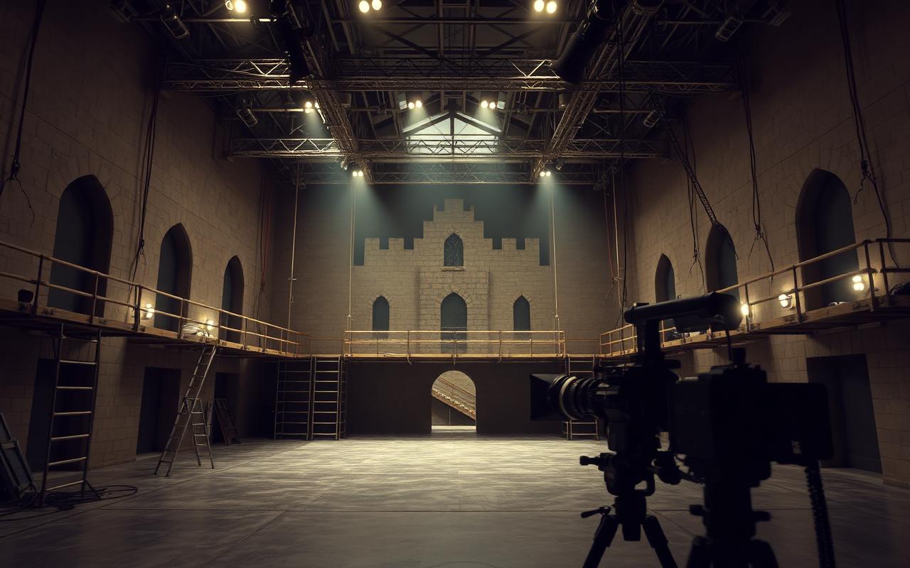 Empty fantasy television soundstage with castle set and lighting rigs, the kind of build that made The Wheel of Time expensive