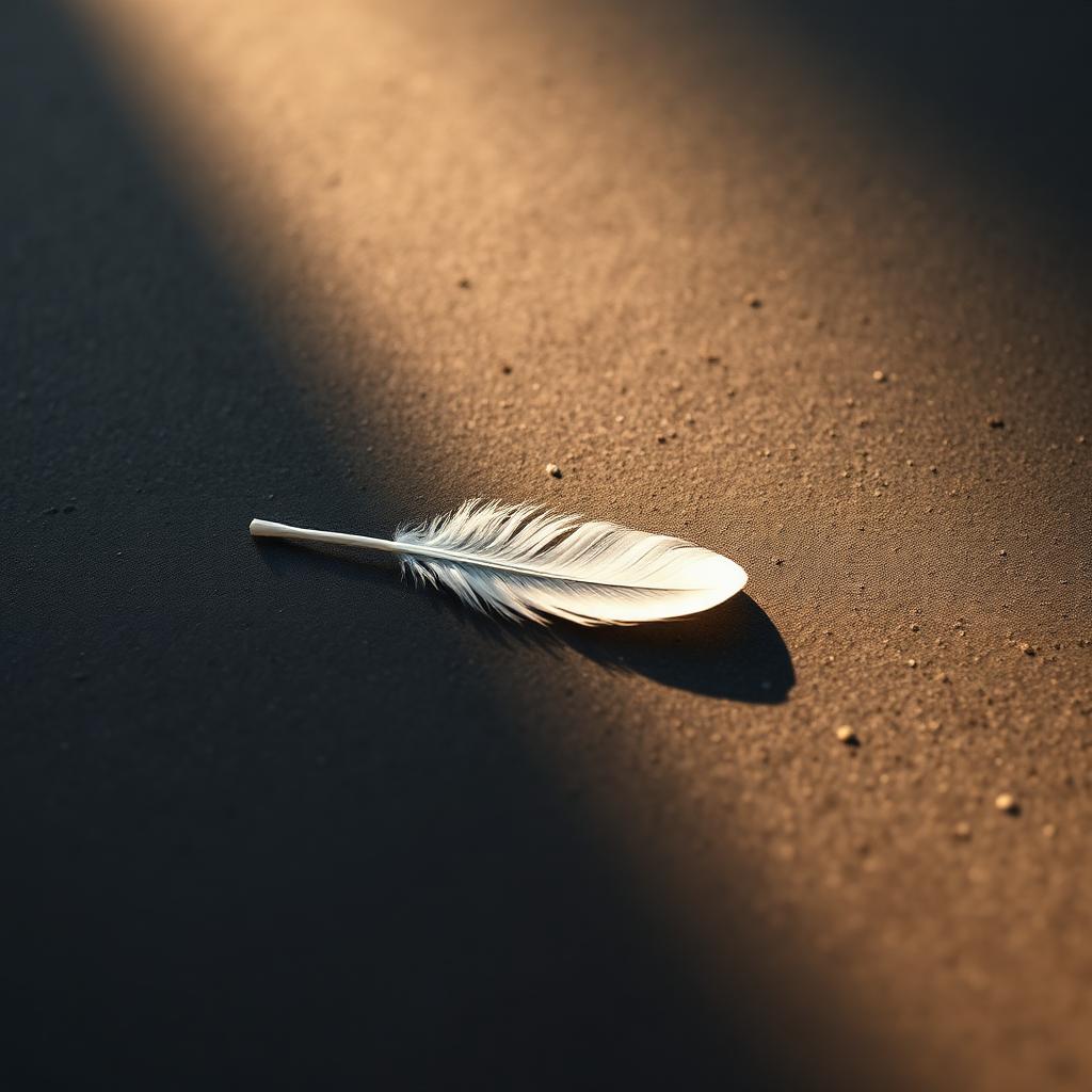 A single white feather resting on a smooth dark stone surface lit by a soft warm beam from above, gentle angelic mood