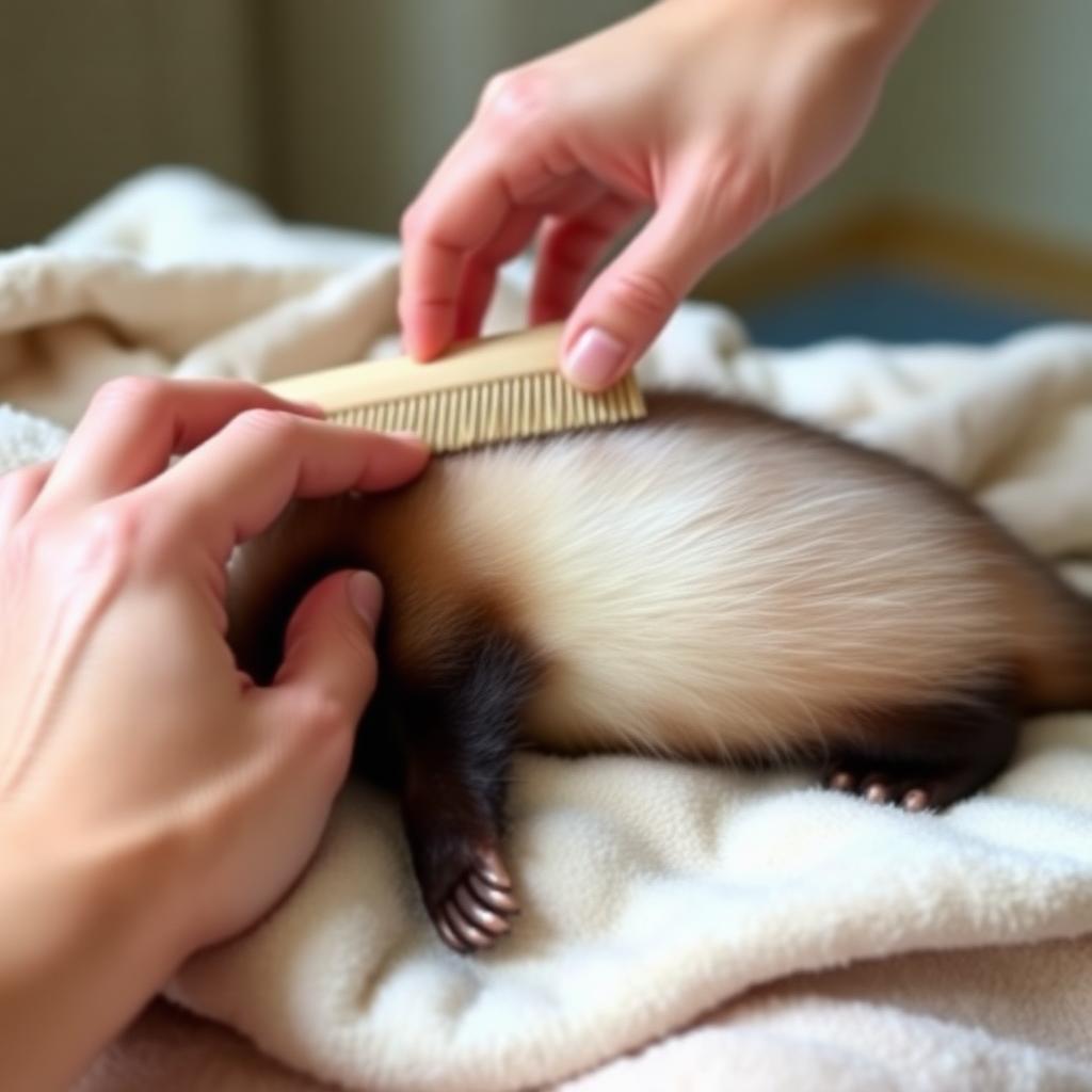 A hand gently brushing the side of a sable colored ferret lying relaxed on a soft blanket while a small soft bristle brush moves along its coat