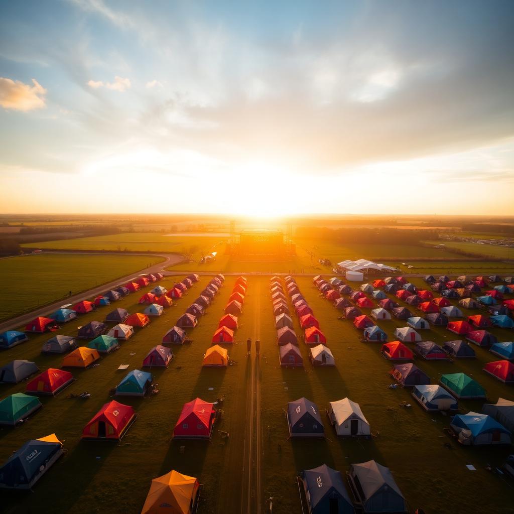 Aerial view of a Dutch festival campsite at sunrise with rows of colourful tents and distant stage structures across green fields