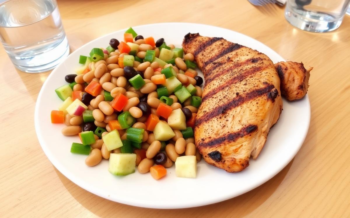 Lunch plate of bean and vegetable salad with grilled chicken as a filling high fiber meal