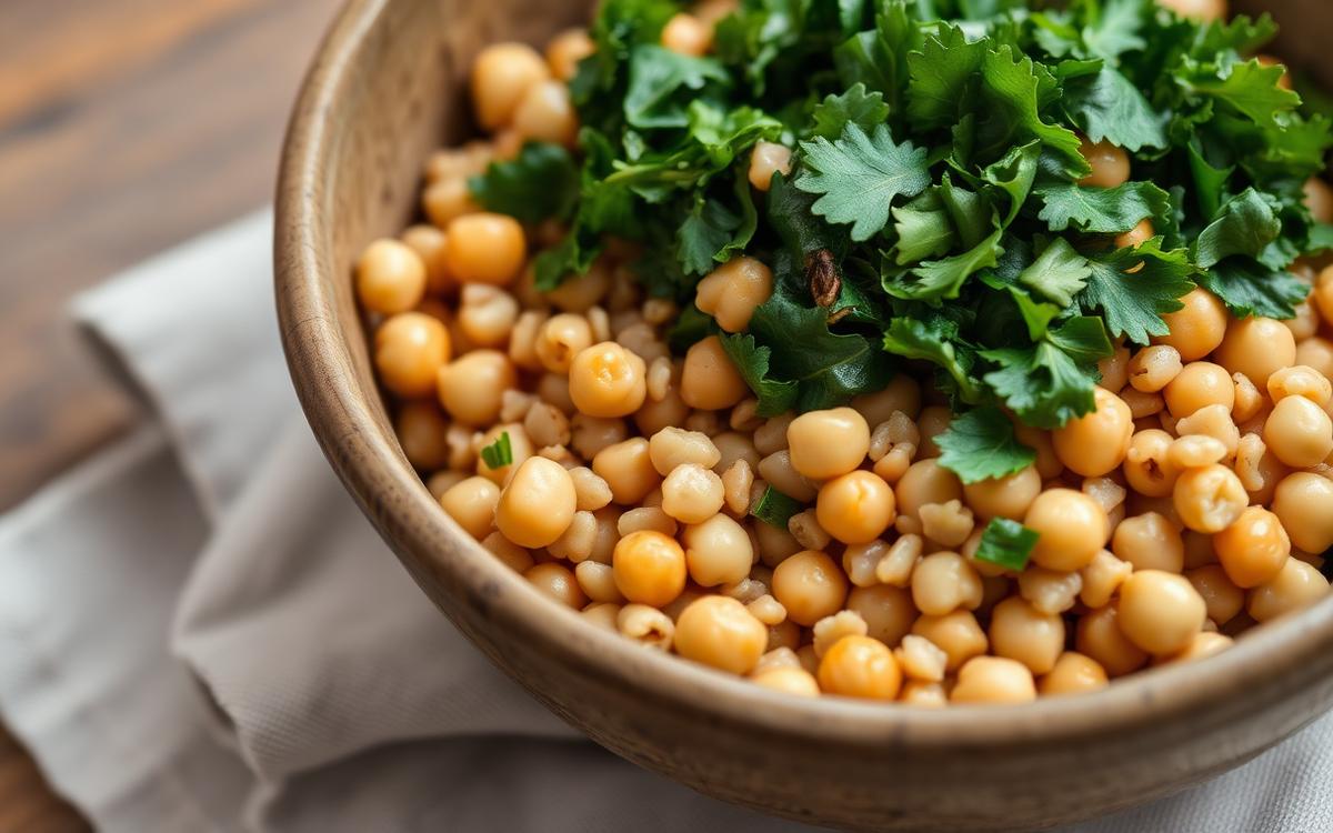Bowl of cooked chickpeas and barley topped with chopped kale as a high fiber meal