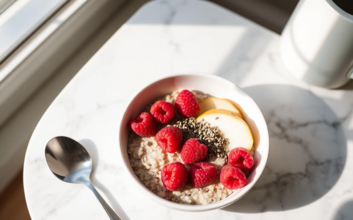 Bowl of oatmeal topped with raspberries, chia seeds and sliced pear as a high fiber breakfast
