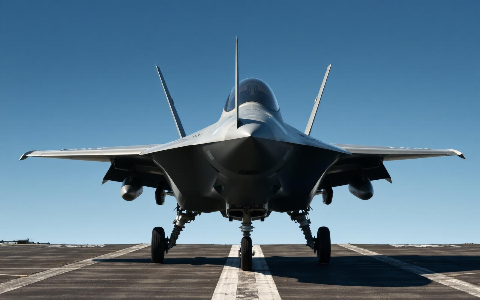 Front view of a modern stealth fighter jet on a runway with its main rear exhaust nozzle vectored downward, illustrating one of the thrust posts that makes the F-35B Lightning II STOVL capable