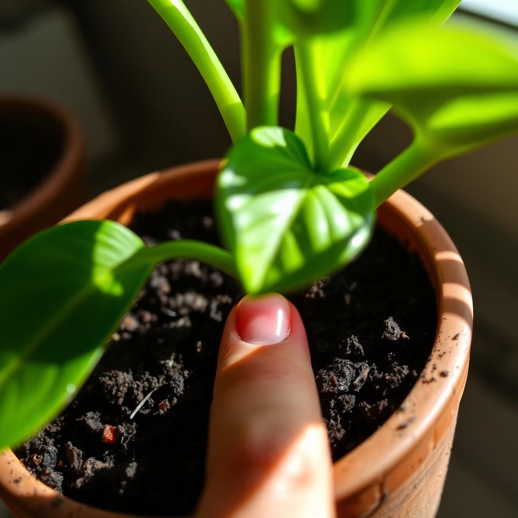 I Keep My Plants Alive: A finger pressed two inches deep into the dark soil of a potted houseplant on a windowsill